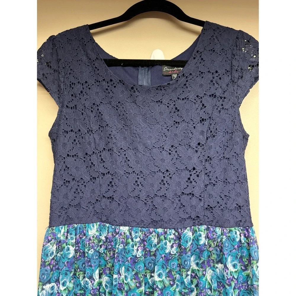 Disorderly Kids Navy Blue Lace Floral High‎ Low Dress Girls Size 20.5
